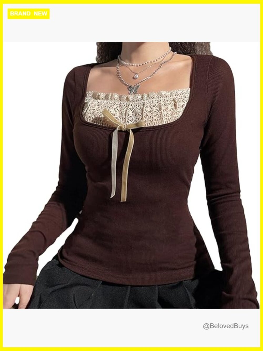 Y2K Knitted Long Sleeve Square Neck Lace Slim Fit Fairy Grunge Top